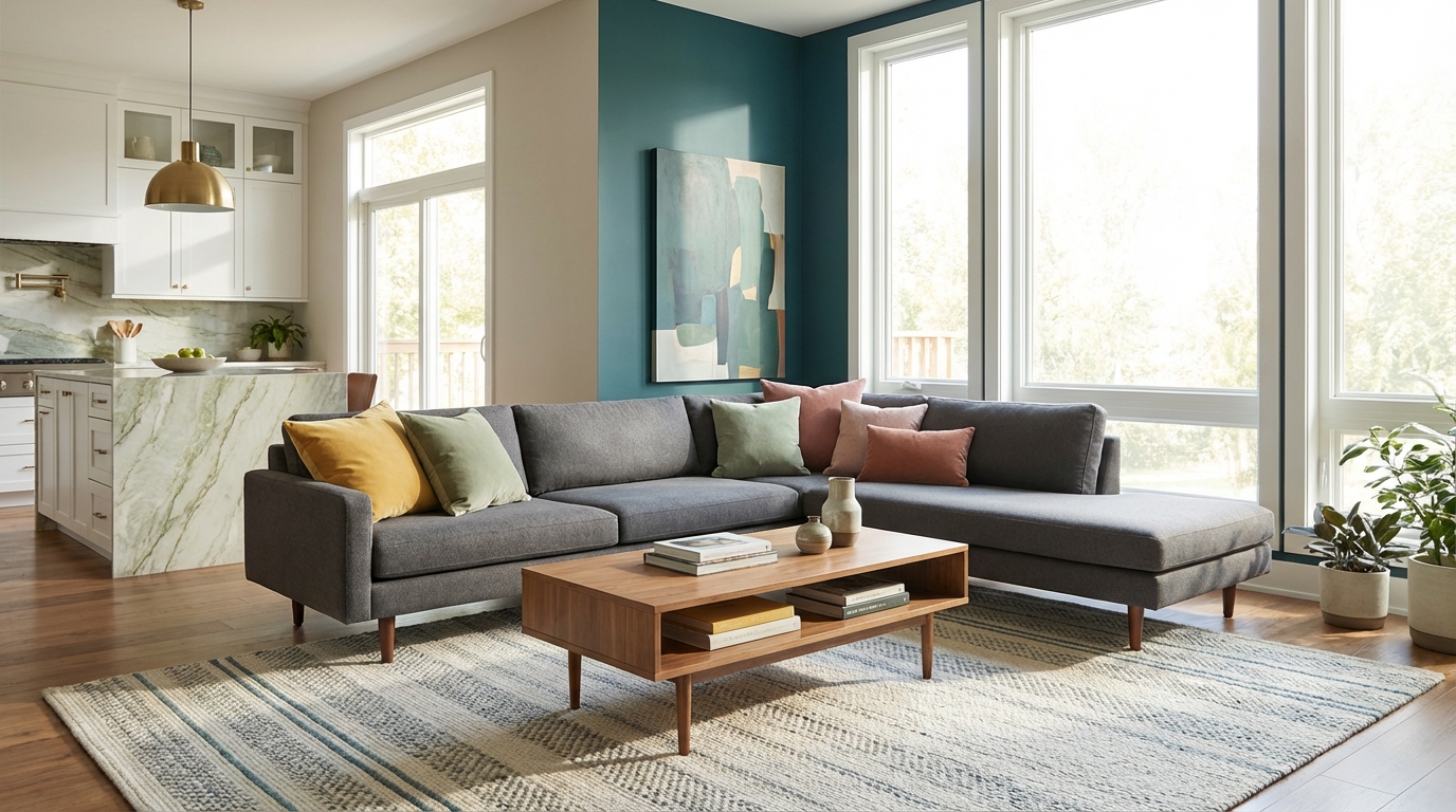 Modern living room showcasing 2026 interior color trends with bold paint palettes and stylish décor