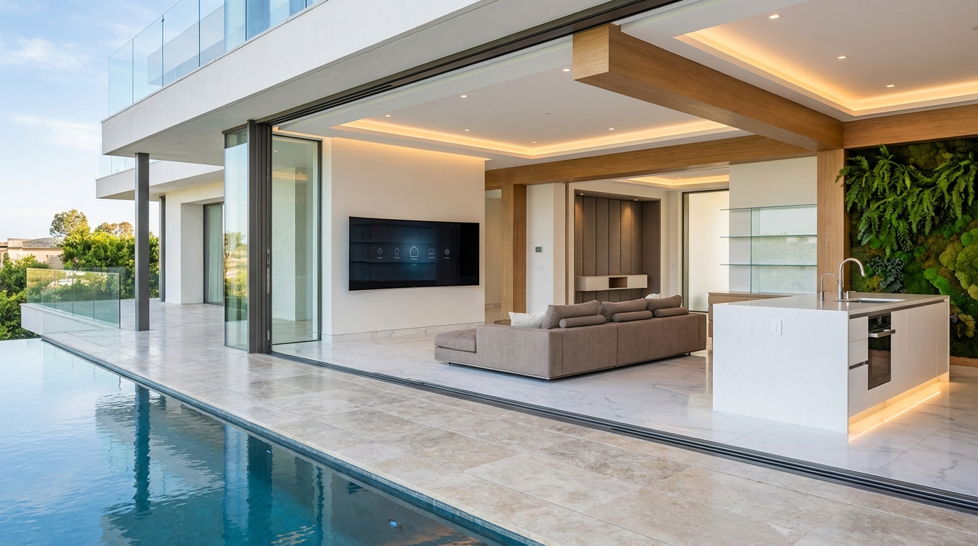 Luxurious modern home interior with smart tech, resort‑style amenities, sustainable design.