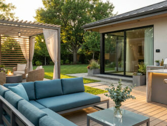 Modern outdoor living space with stylish patio, lounge furniture and smart lighting trend