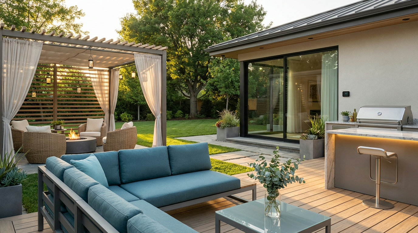 Modern outdoor living space with stylish patio, lounge furniture and smart lighting trend
