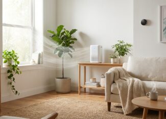 Modern home with air purifier, plants, and open windows for cleaner indoor air.