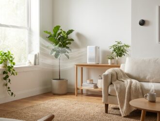 Modern home with air purifier, plants, and open windows for cleaner indoor air.