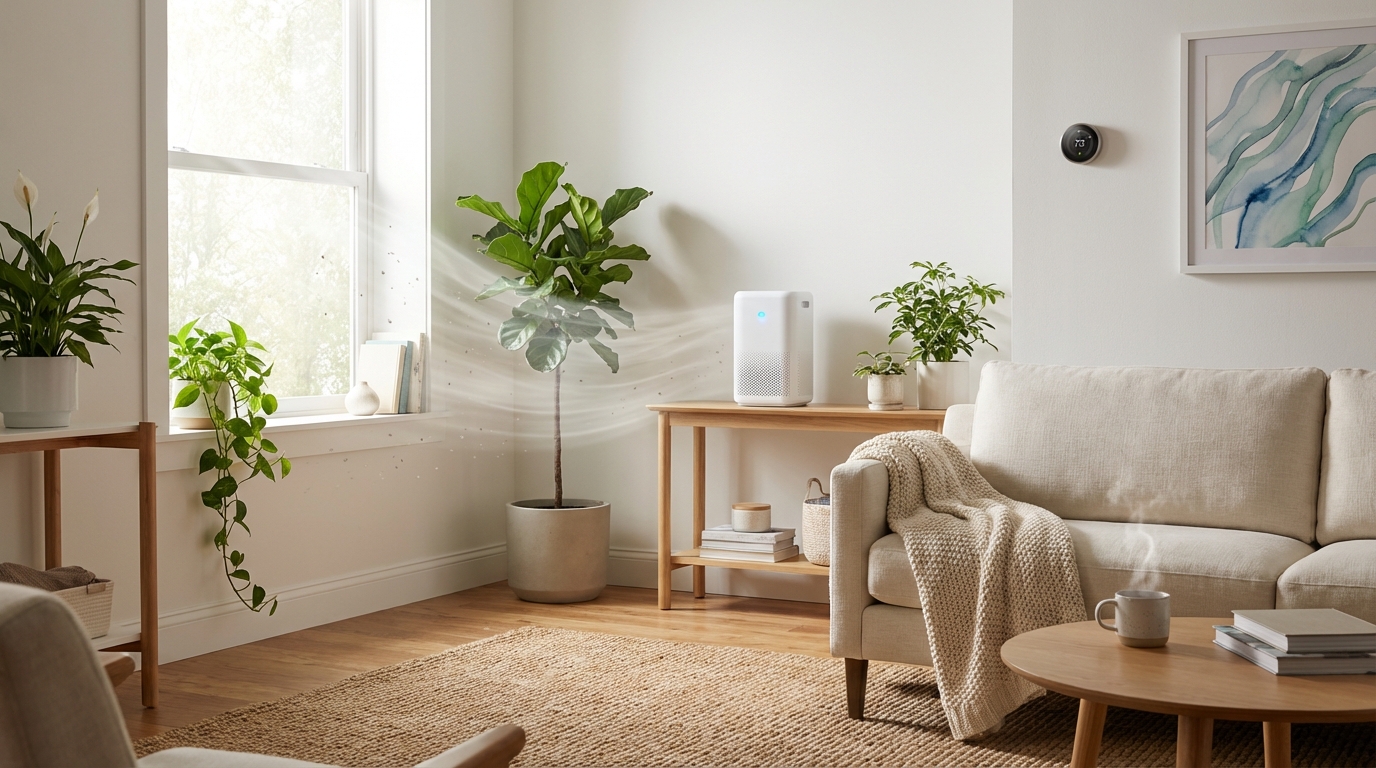 Modern home with air purifier, plants, and open windows for cleaner indoor air.