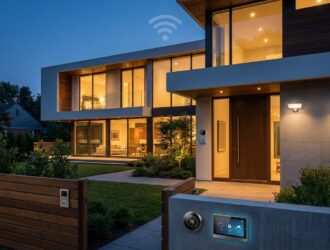 Modern home security upgrades: smart lock, video doorbell, and sleek alarm system