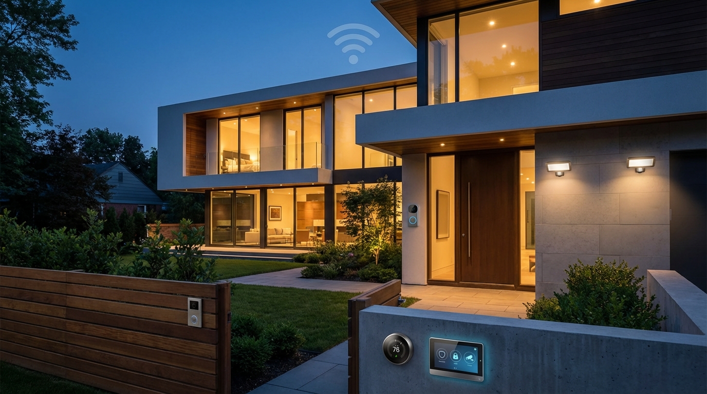 Modern home security upgrades: smart lock, video doorbell, and sleek alarm system