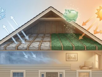 Attic with new insulation material, showing improved thermal barrier for comfort and energy savings