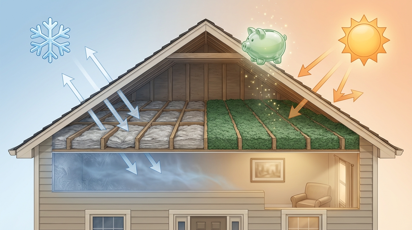 Attic with new insulation material, showing improved thermal barrier for comfort and energy savings