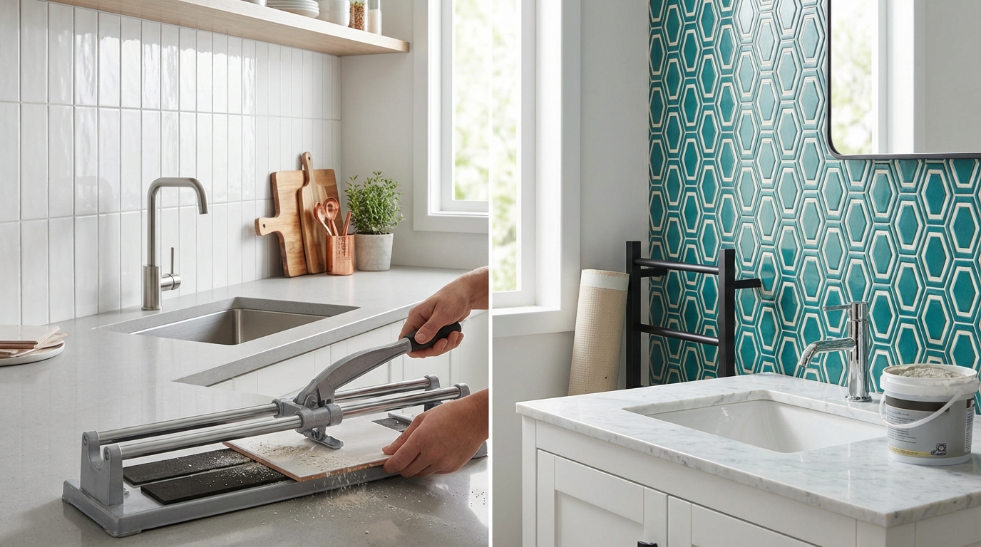 Modern kitchen and bathroom tile backsplash with gray subway tiles and clean lines