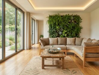 Bright living room featuring indoor plants, natural wood furniture, and sunlight – biophilic desig