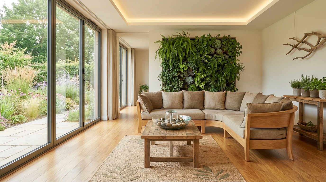 Bright living room featuring indoor plants, natural wood furniture, and sunlight – biophilic desig