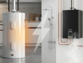 Tankless water heater beside traditional tank heater, illustrating cost & energy comparison.
