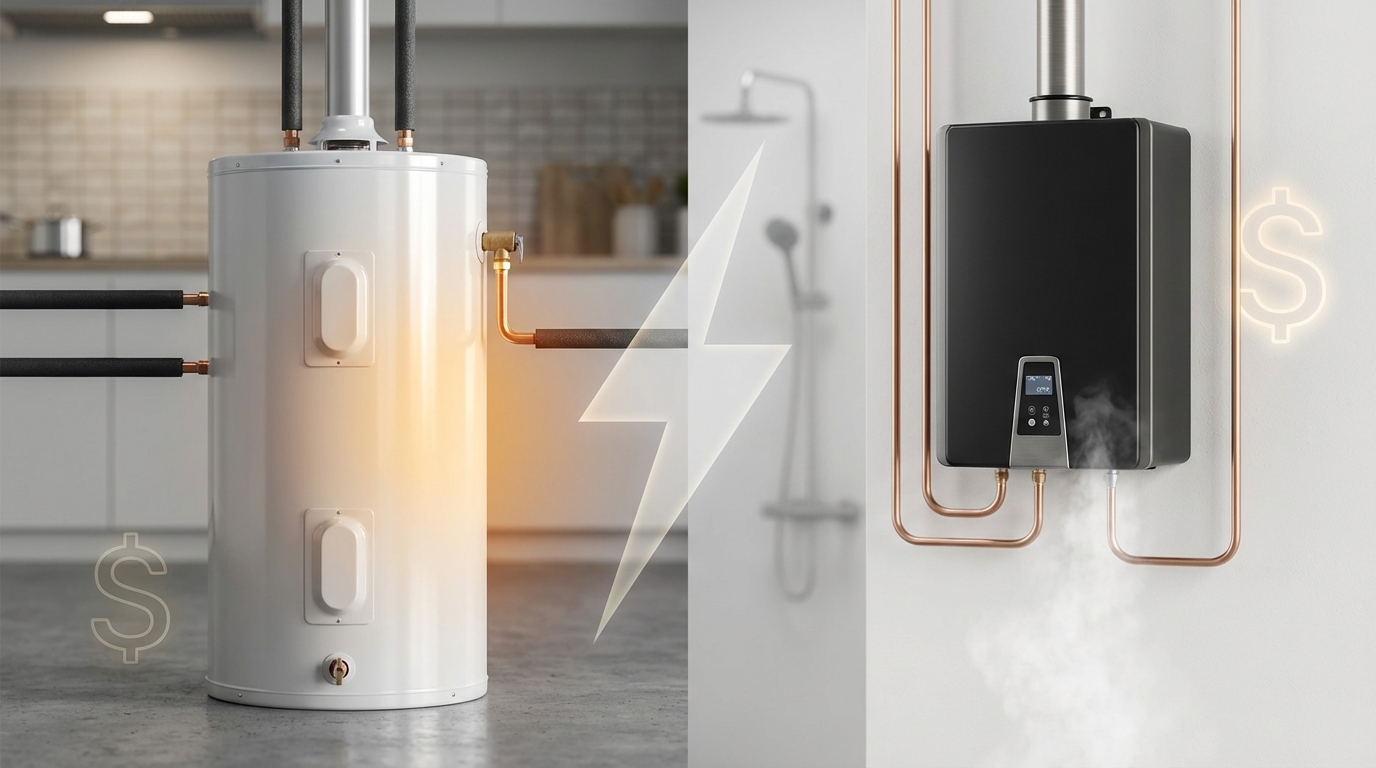 Tankless water heater beside traditional tank heater, illustrating cost & energy comparison.