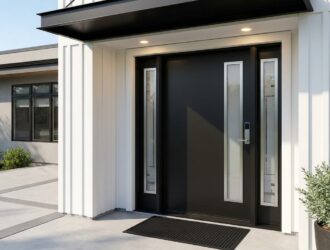 Modern front door replacement showcasing sleek design, enhanced security and curb appeal