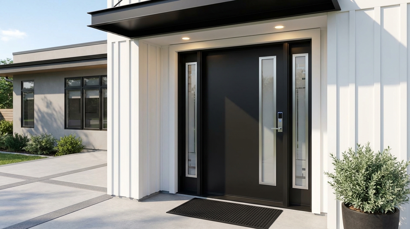 Modern front door replacement showcasing sleek design, enhanced security and curb appeal