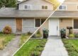 Freshly painted front door with colorful planters and tidy lawn, showing quick curb appeal upgrades.