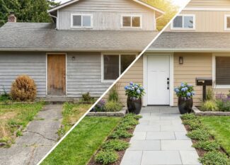Freshly painted front door with colorful planters and tidy lawn, showing quick curb appeal upgrades.