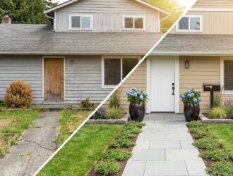 Freshly painted front door with colorful planters and tidy lawn, showing quick curb appeal upgrades.
