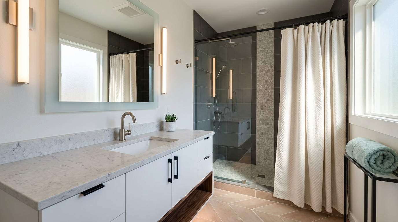 Modern bathroom with sleek fixtures, new vanity, stylish lighting and contemporary accessories
