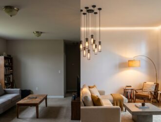 Bright modern living room with stylish recessed lighting, sleek fixtures, home lighting upgrade