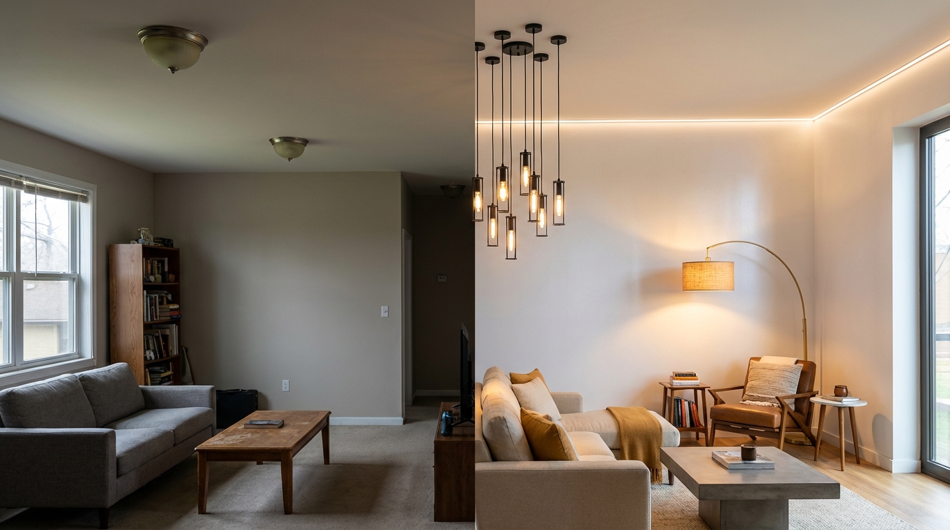 Bright modern living room with stylish recessed lighting, sleek fixtures, home lighting upgrade