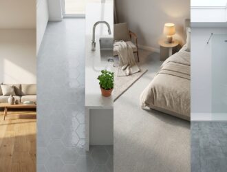 Sample flooring styles for living room, kitchen, bathroom and bedroom.