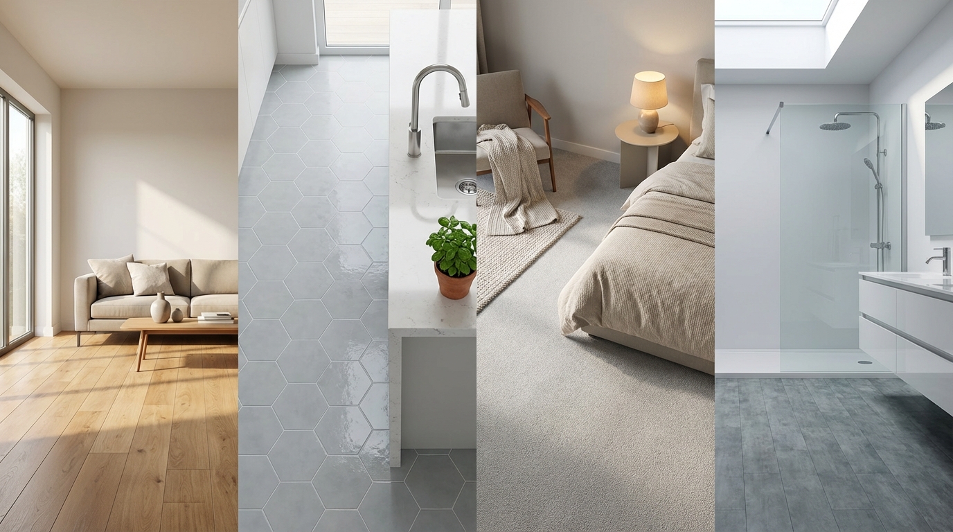 Sample flooring styles for living room, kitchen, bathroom and bedroom.