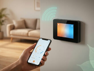 Smart thermostat on wall displaying Wi‑Fi app controls, showing modern home climate management.