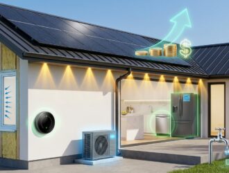 Home exterior with solar panels, insulation, LED lights illustrating energy‑efficient upgrades