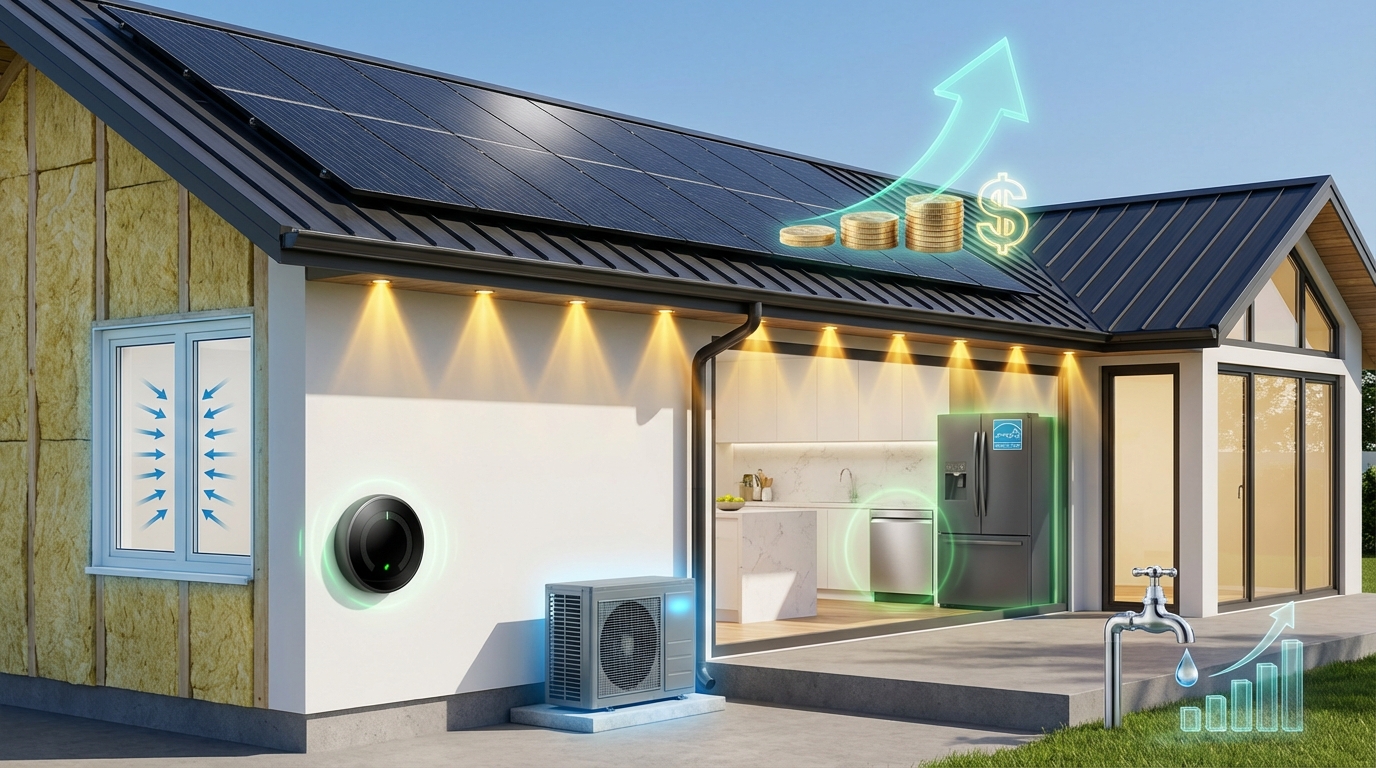 Home exterior with solar panels, insulation, LED lights illustrating energy‑efficient upgrades