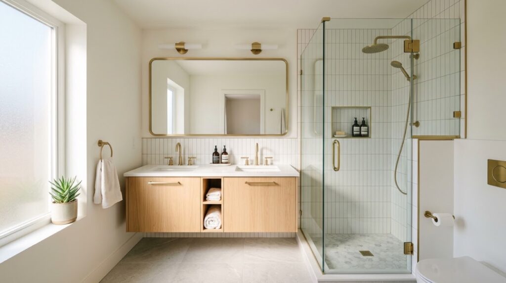 Bathroom renovation construction phase showing plumbing rough-in and tile installation budget breakdown