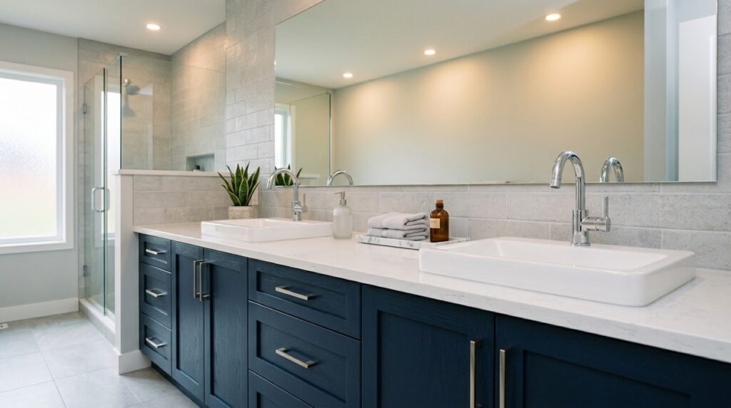 Freestanding soaking tub and matte black fixtures in a high-end luxury master bathroom remodel