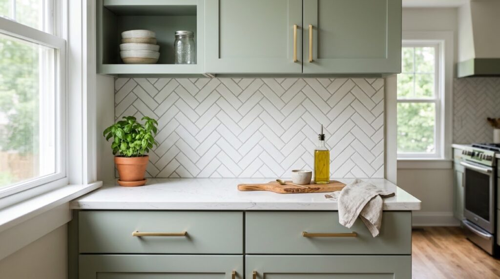 Two-tone kitchen with zellige tile backsplash reflecting home design trends for 2027
